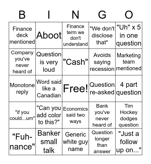 TDA Earnings Call Bingo Card