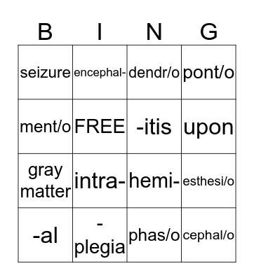 Nervous System Bingo Card