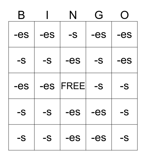 Plural Suffix S or ES Bingo Card
