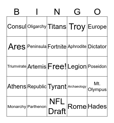 Mythology Bingo Card