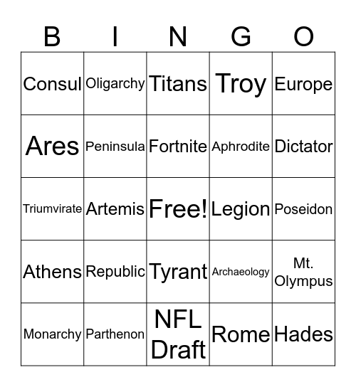 Mythology Bingo Card