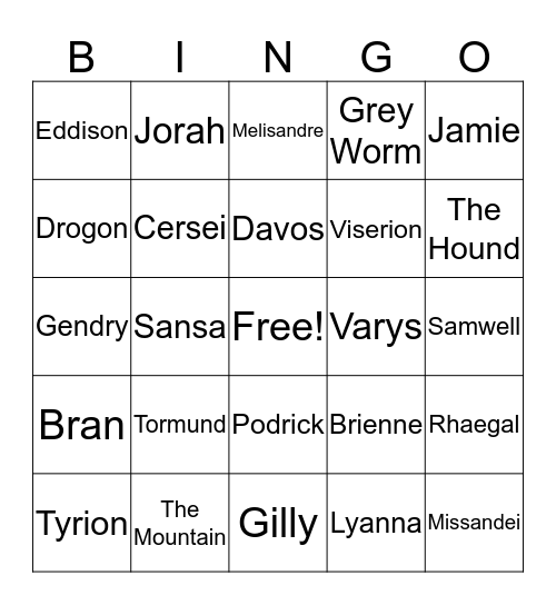 GOT Season 8 Death Bingo Card