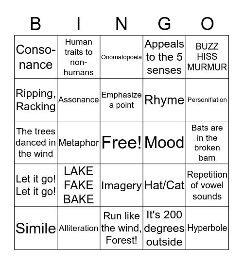 Poetry Bingo Card