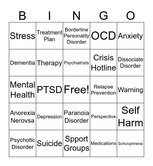 Mental Health Matters - Mentoring Bingo Card