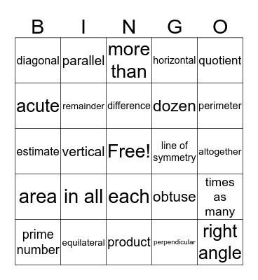 MAP  Math Vocabulary Bingo Card