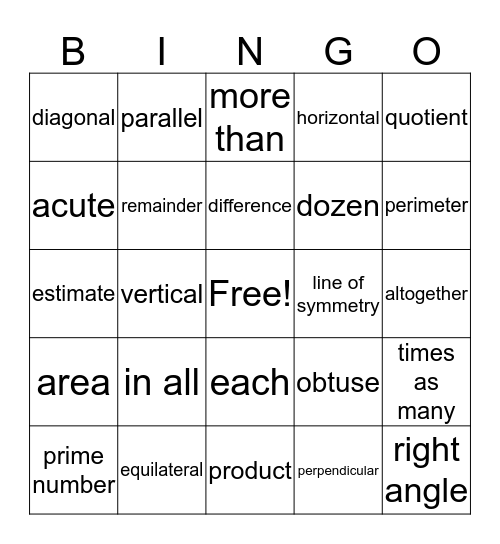 MAP  Math Vocabulary Bingo Card