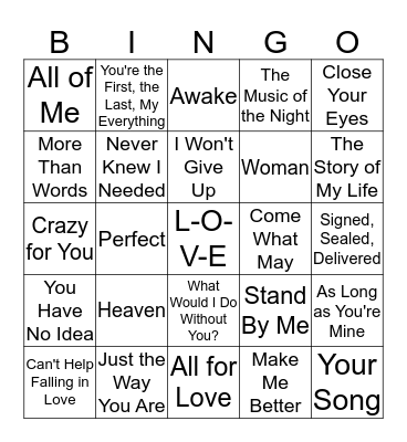 Kim's Bridal Bingo - Love Songs Bingo Card