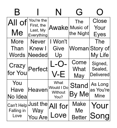 Kim's Bridal Bingo - Love Songs Bingo Card