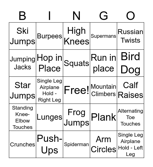 Comet Fitness Bingo Card