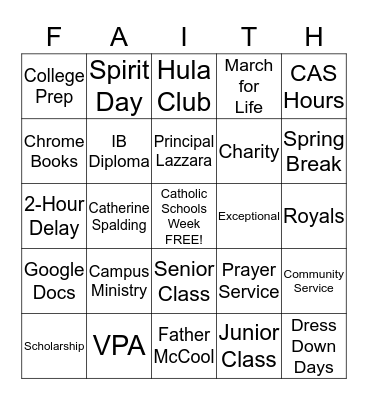 Vincentian Academy Catholic Schools Week 2014 Bingo Card