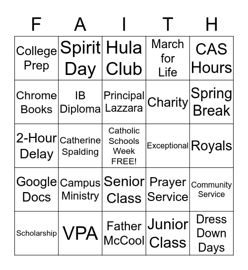 Vincentian Academy Catholic Schools Week 2014 Bingo Card