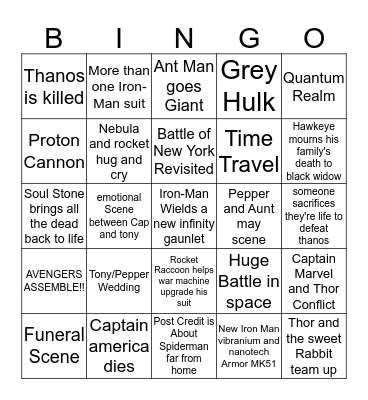 Avengers Endgame Bingo Card