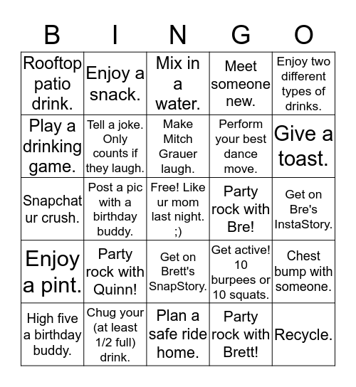 BrettBreQuinn Birthday Bash! Bingo Card