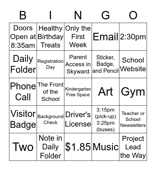 Kindergarten FAQs Bingo Card