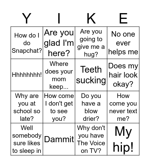 Grandma's Visit Bingo Card