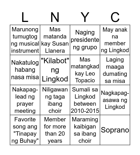 LNYC 40th Anniversary Bingo Card