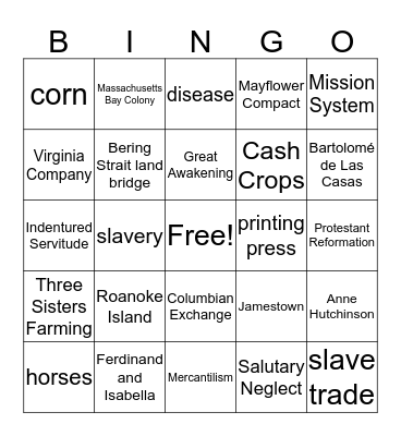 APUSH Period 1 & 2 Bingo Card