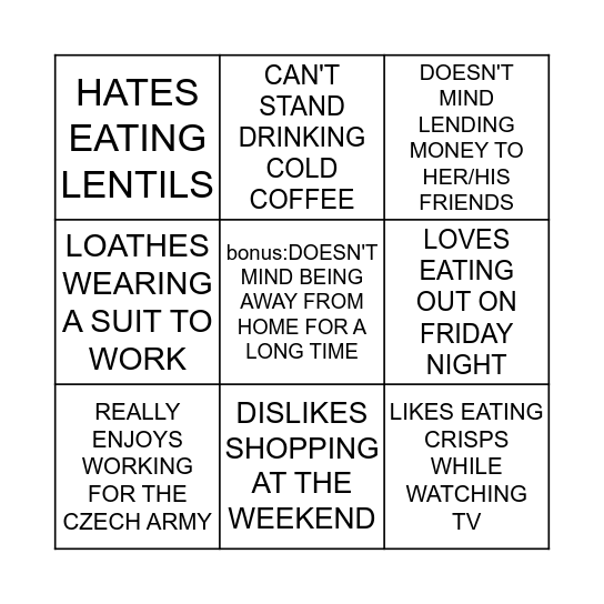 LIKES AND DISLIKES Bingo Card