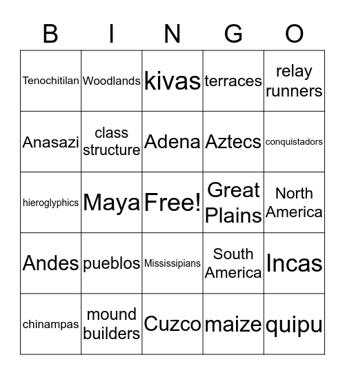 Early Civilizations of the Americas Bingo Card