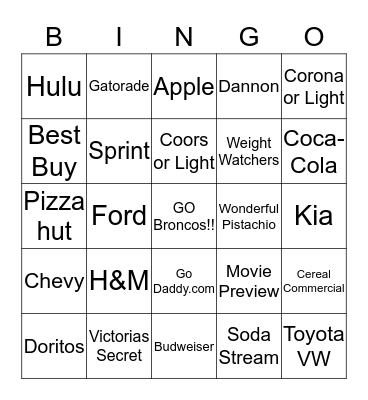 Superbowl Commercial Bingo  Bingo Card