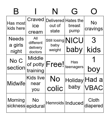 Baby Shower Bingo Card