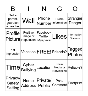 Social Media  Bingo Card