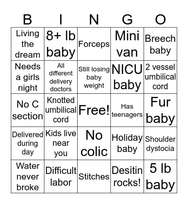 Baby Shower Bingo Card