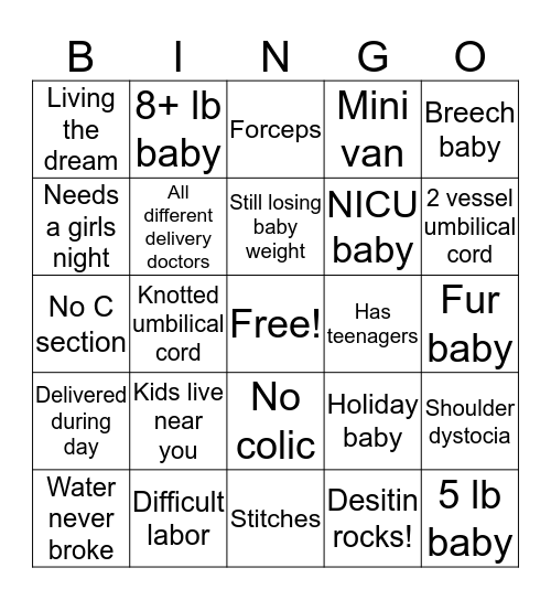 Baby Shower Bingo Card