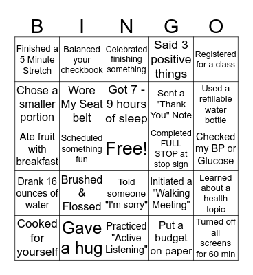 Well-being In Action Bingo Card