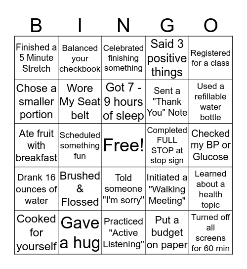 Well-being In Action Bingo Card