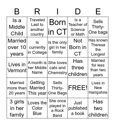 BRIDAL BINGO  Bingo Card