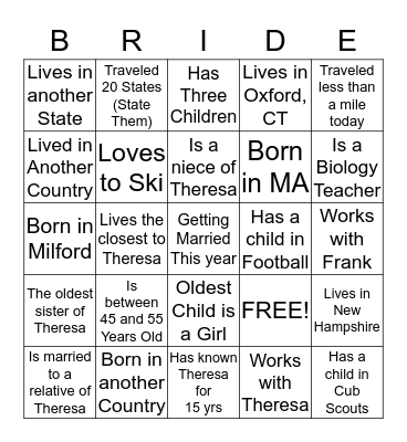 BRIDAL BINGO  Bingo Card