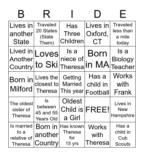 BRIDAL BINGO  Bingo Card