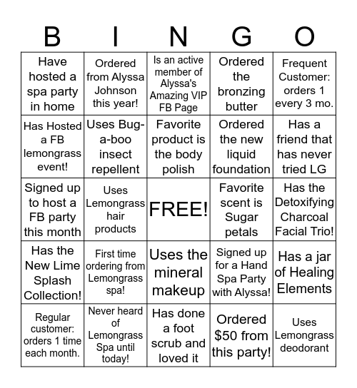 Lemongrass Spa at home party!  Bingo Card