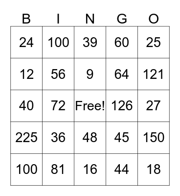 Multiplication Tables! Bingo Card