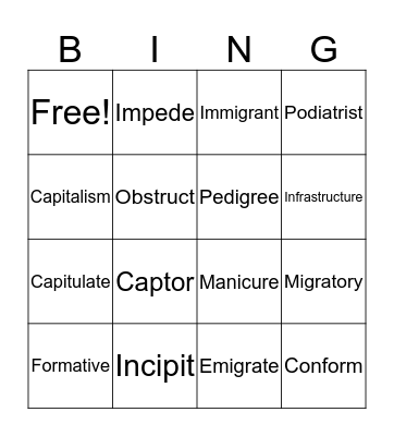 Vocabulary Bing!!! Bingo Card