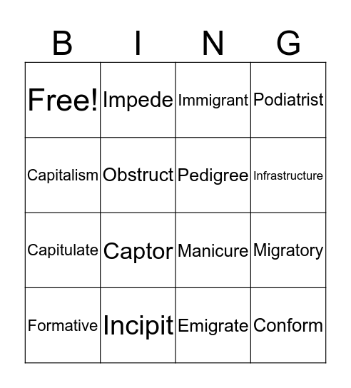 Vocabulary Bing!!! Bingo Card