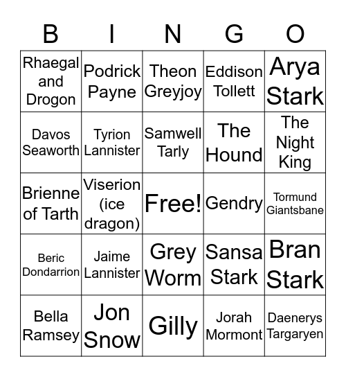 Game of Thrones BINGO Card