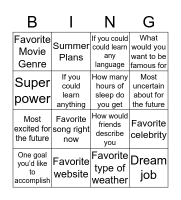 Question Bingo Card
