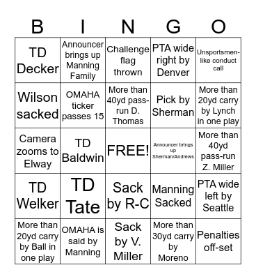 SUPERBOWL XLVIII Bingo Card