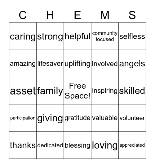 CHEMS Volunteer Appreciation Bingo Card