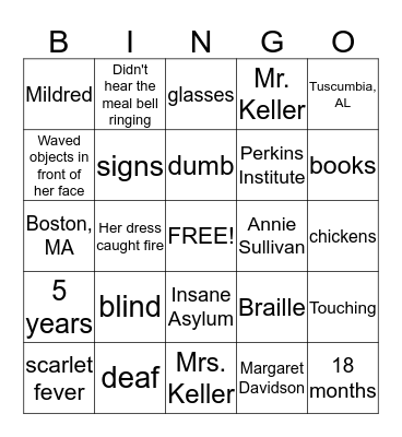 Helen Keller Bingo Card