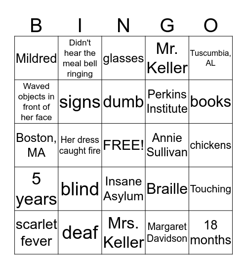 Helen Keller Bingo Card