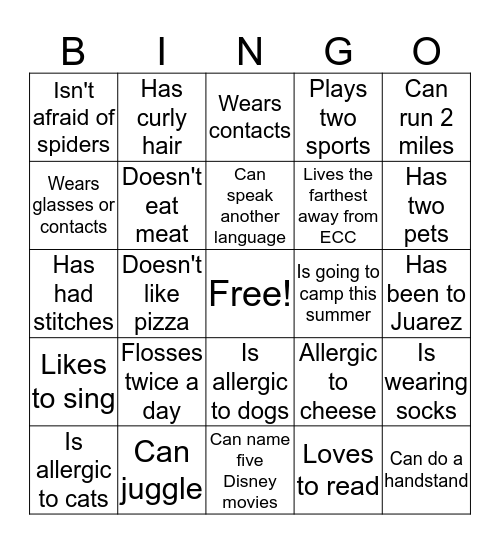 ECC Teen Bingo Card