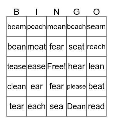 -ea words Bingo Card