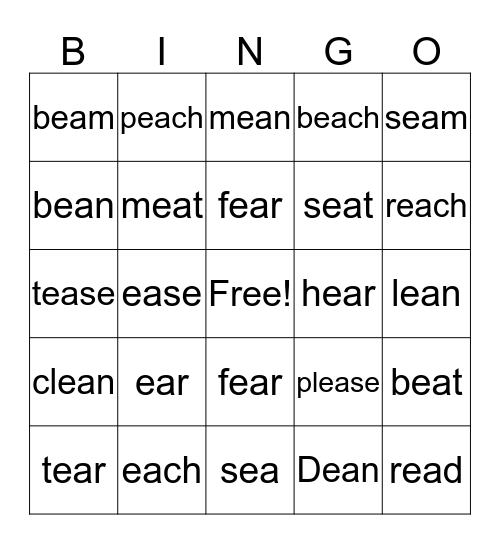 -ea words Bingo Card