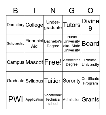 College Vocabulary BINGO Card