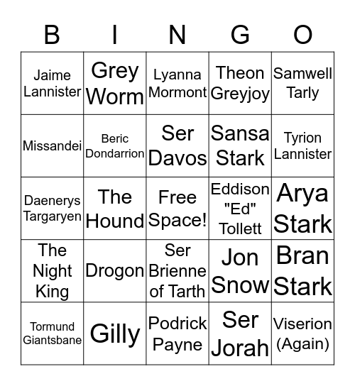 Game of Thrones S8 Ep3 Death Bingo Card