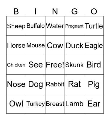 Animals Bingo Card