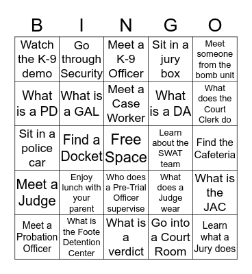 Take Your Child to Work Day Bingo Card